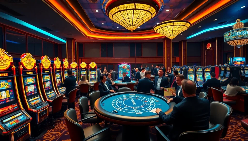 Permainan slot mewah luxury333 dengan suasana kasino yang meriah dan pemain berbahagia.