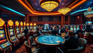 Permainan slot mewah luxury333 dengan suasana kasino yang meriah dan pemain berbahagia.