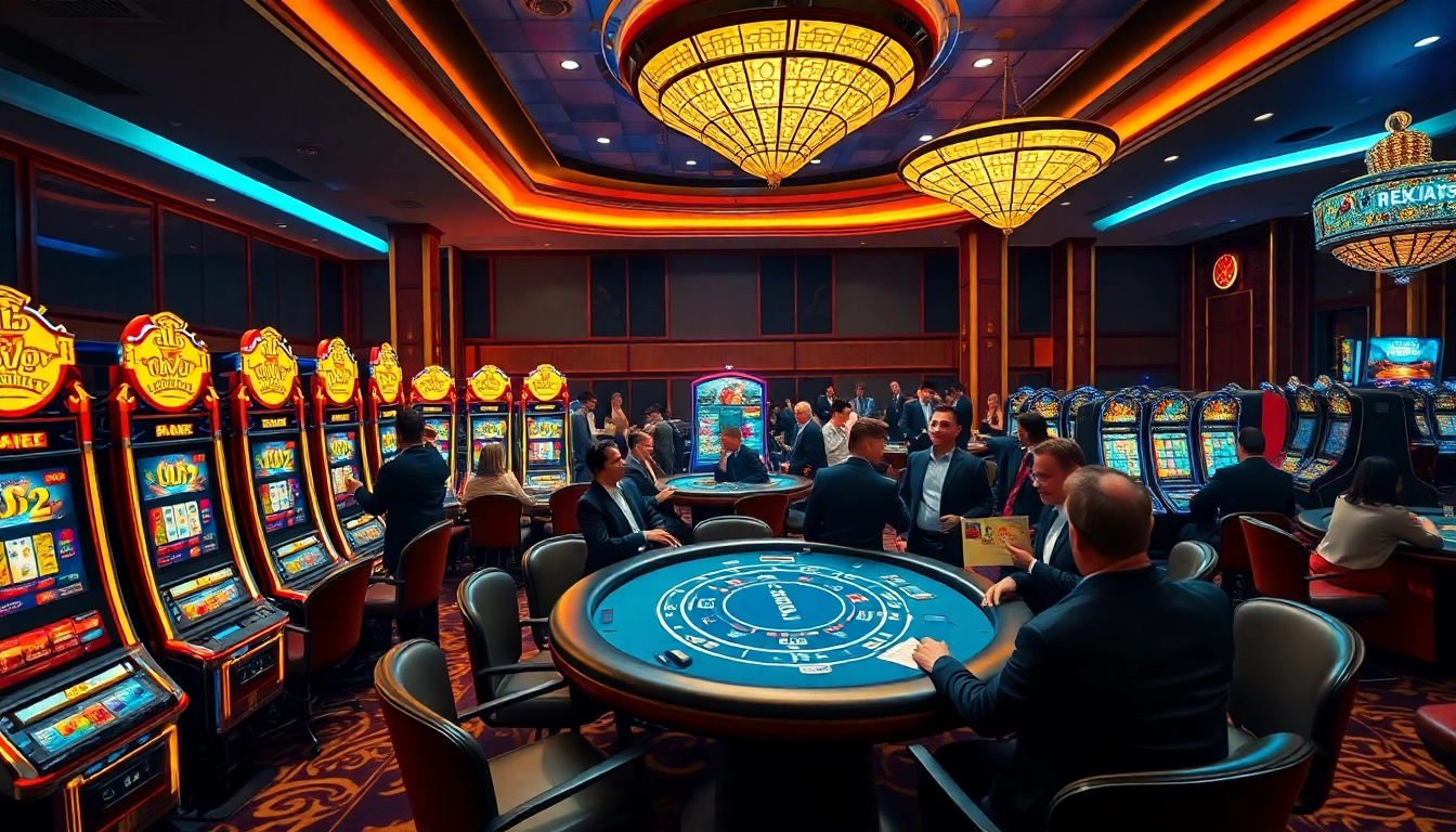 Permainan slot mewah luxury333 dengan suasana kasino yang meriah dan pemain berbahagia.