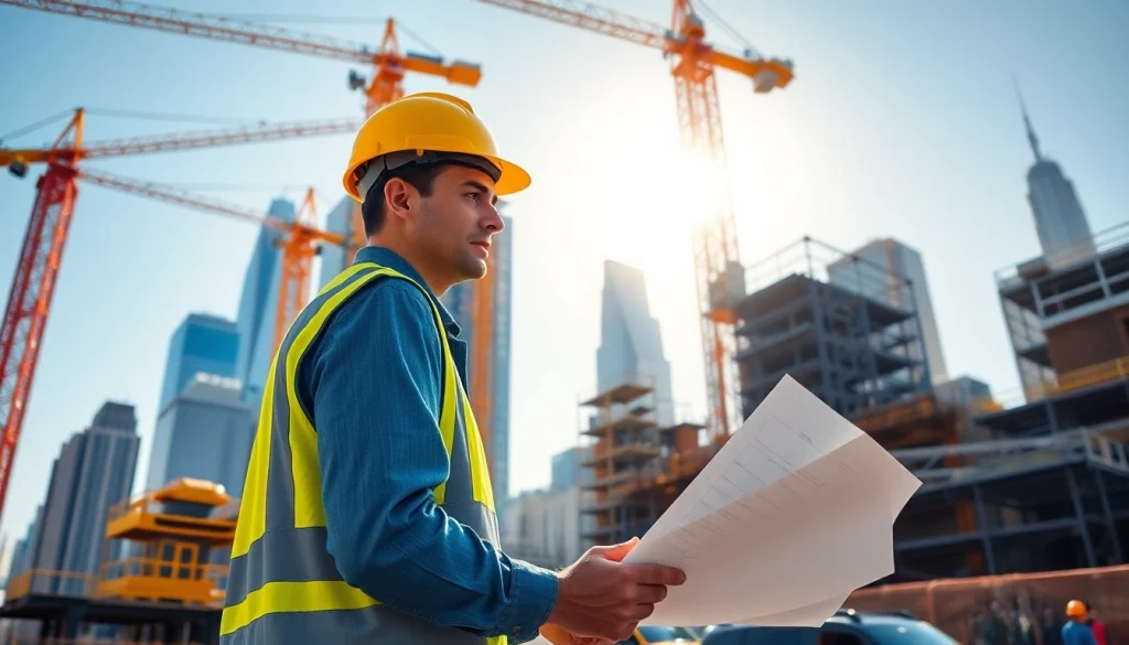 New York City Construction Manager examining blueprints on a bustling construction site with buildings in the backdrop.
