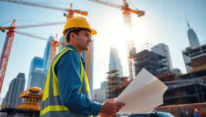 New York City Construction Manager examining blueprints on a bustling construction site with buildings in the backdrop.