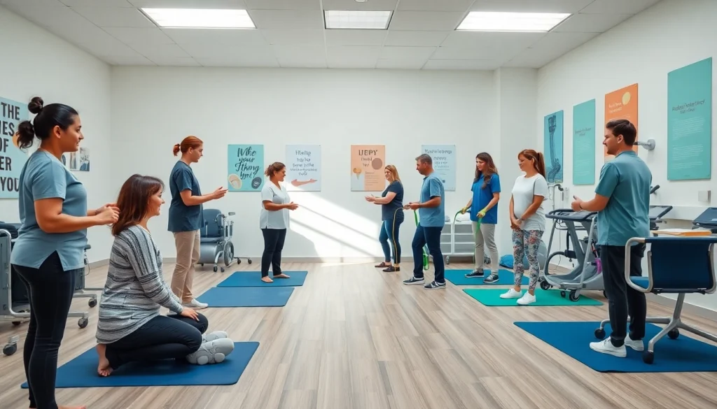 Patients engaged in diverse activities at Health in Motion Rehabilitation clinic, showcasing collaborative therapy.