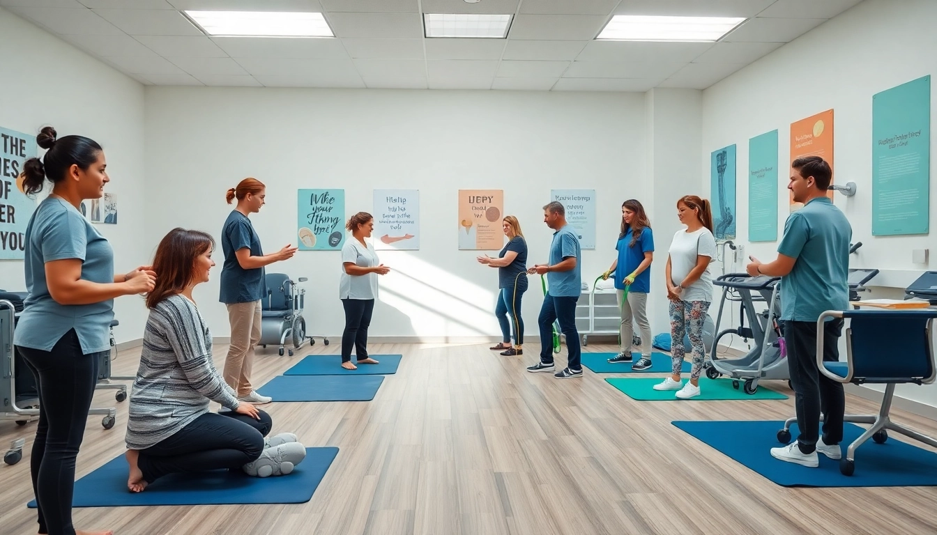 Patients engaged in diverse activities at Health in Motion Rehabilitation clinic, showcasing collaborative therapy.
