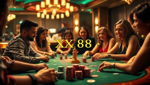 Experience the high-stakes action of XX 88 poker with intense players and colorful chips in a vibrant casino atmosphere.