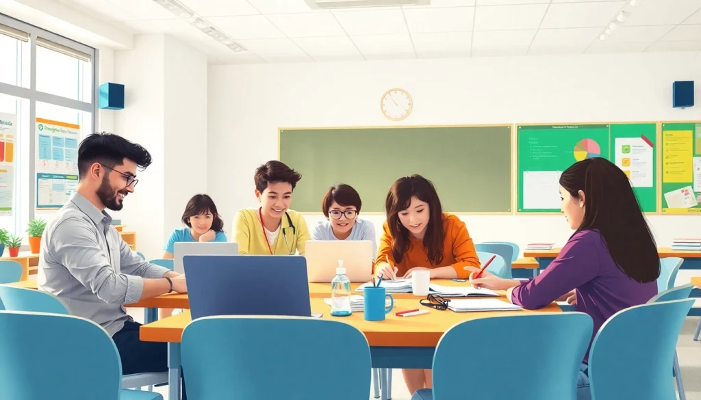 Fosters Education through collaboration in a vibrant classroom environment with engaged students.