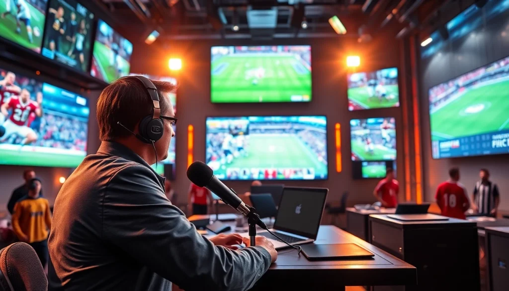 스포츠중계 생중계 장면에서 역동적인 스튜디오에 있는 방송인을 묘사합니다.