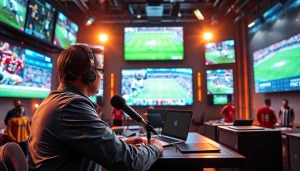 스포츠중계 생중계 장면에서 역동적인 스튜디오에 있는 방송인을 묘사합니다.