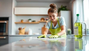 Cleaning Service professionals diligently scrubbing a kitchen countertop for a spotless shine.