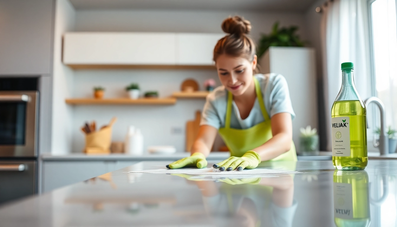 Cleaning Service professionals diligently scrubbing a kitchen countertop for a spotless shine.