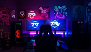 Gamer setup highlighting the 79king logo, bright gaming PC, and energetic atmosphere.