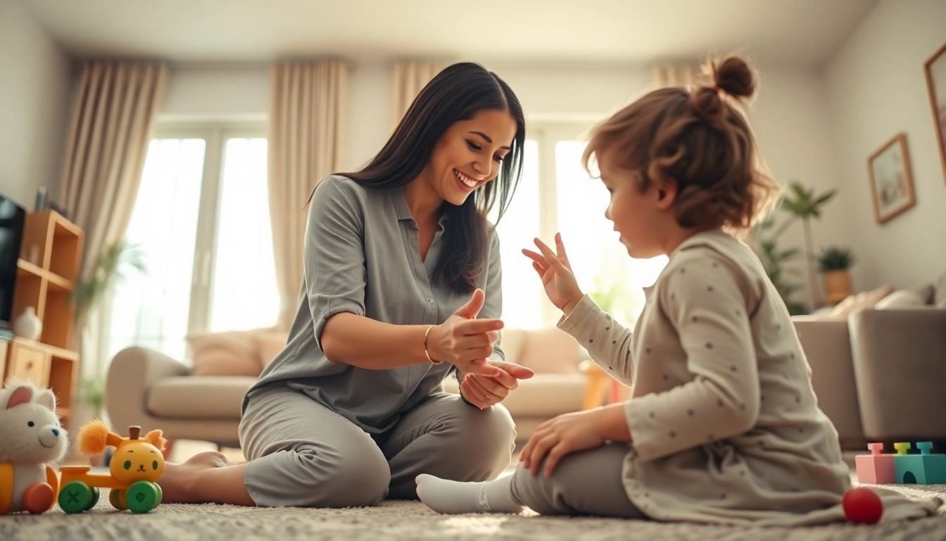 Engaging scene of a Professional live-in nanny Abu Dhabi happily interacting with a child in a warm home setting.