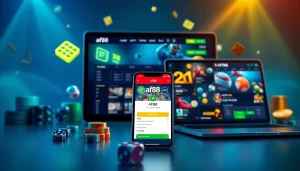 Engaging digital scene showcasing AF88 betting platform interface and app download process.