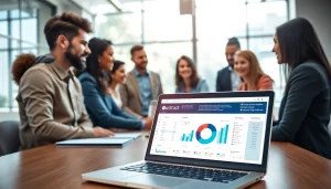 Team collaborating on Business IT Solutions in a modern office setting with technology.