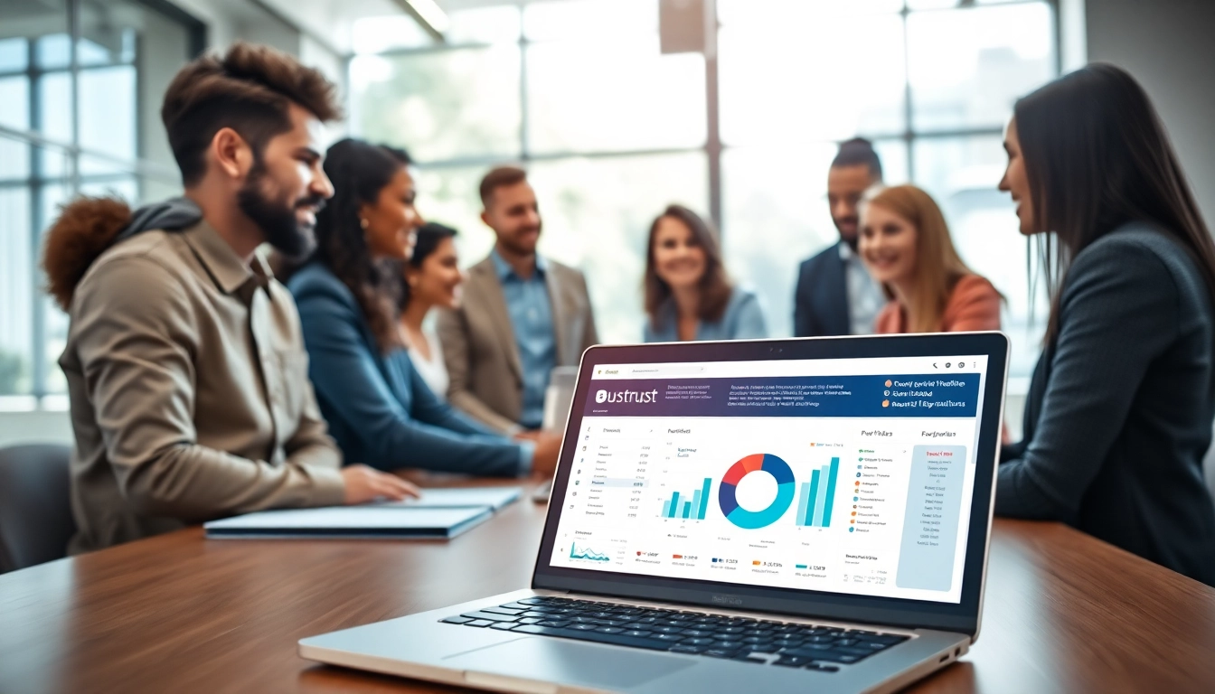 Team collaborating on Business IT Solutions in a modern office setting with technology.