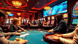 Casino scene featuring players at KJC AC 2 enjoying games of blackjack and roulette with lively dealers.