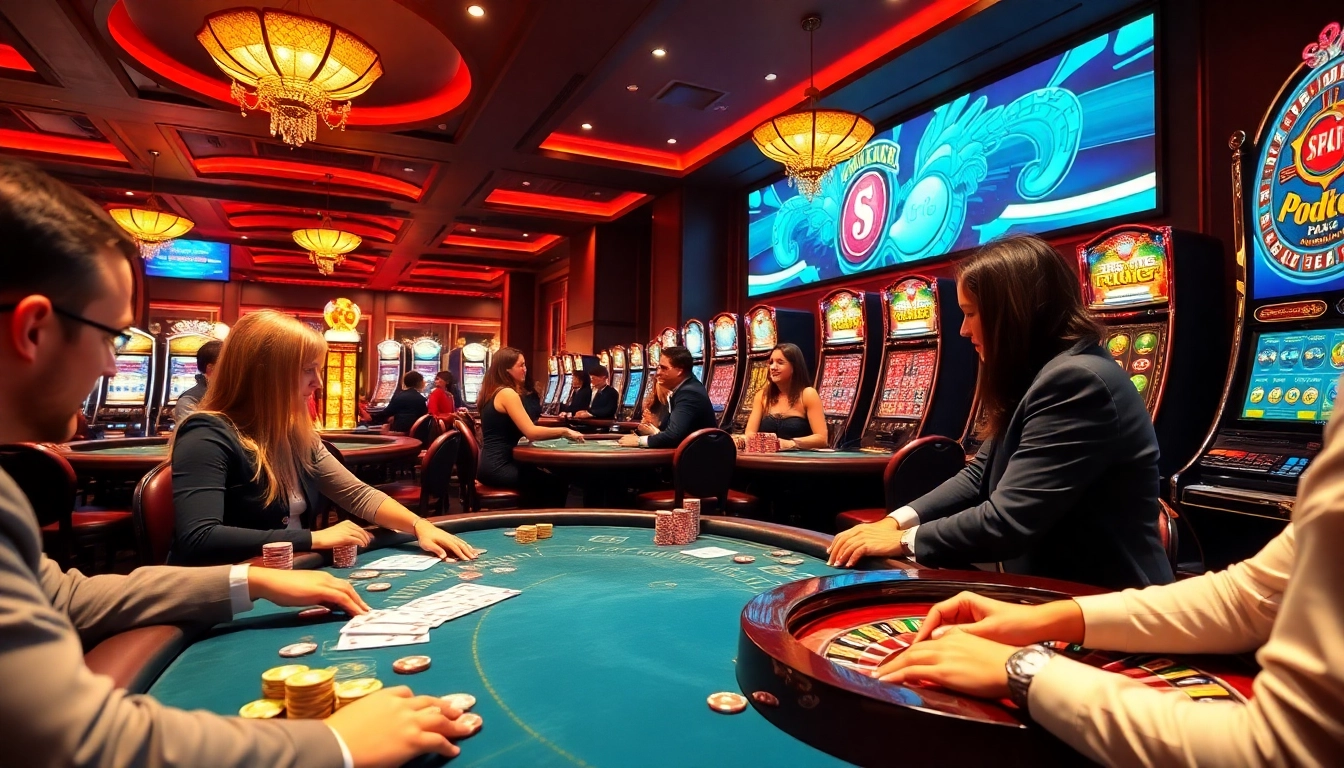 Casino scene featuring players at KJC AC 2 enjoying games of blackjack and roulette with lively dealers.