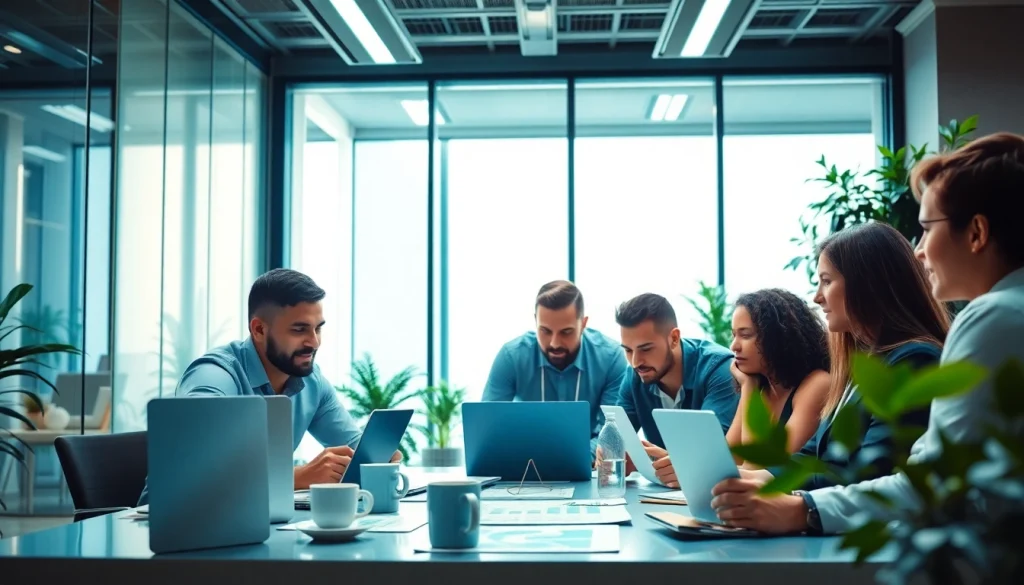 Showcasing the whatsapp business api implementation in a collaborative office environment with vibrant energy.