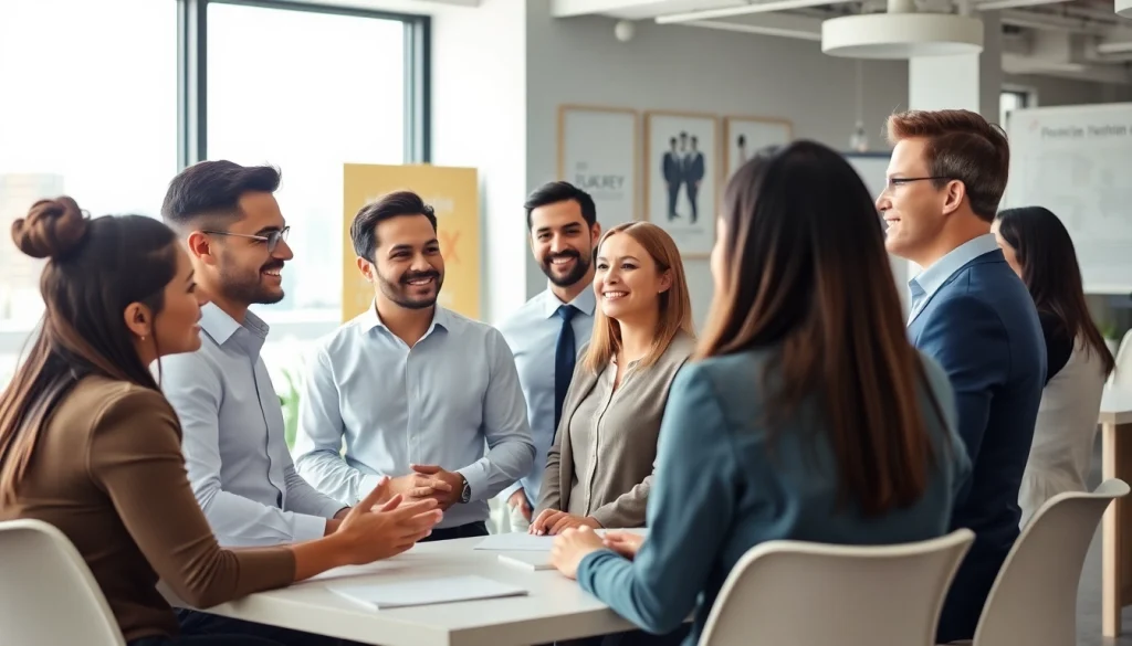 Recruiters discussing new hire jobs in a vibrant office with diverse candidates.