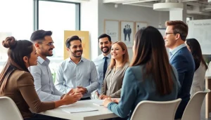 Recruiters discussing new hire jobs in a vibrant office with diverse candidates.