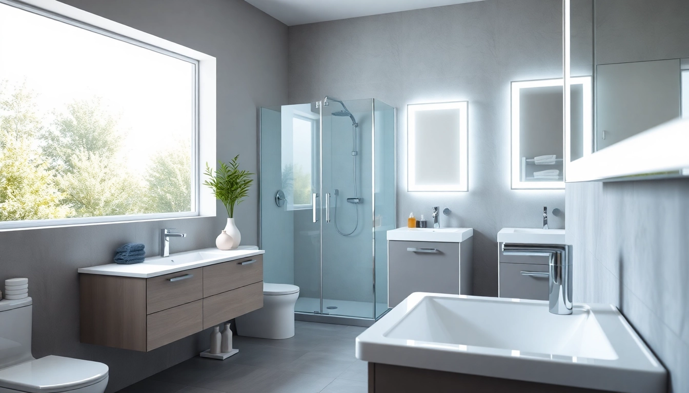 Admire the elegant sirhona bathroom with a modern LED mirror and stylish shower fixtures.