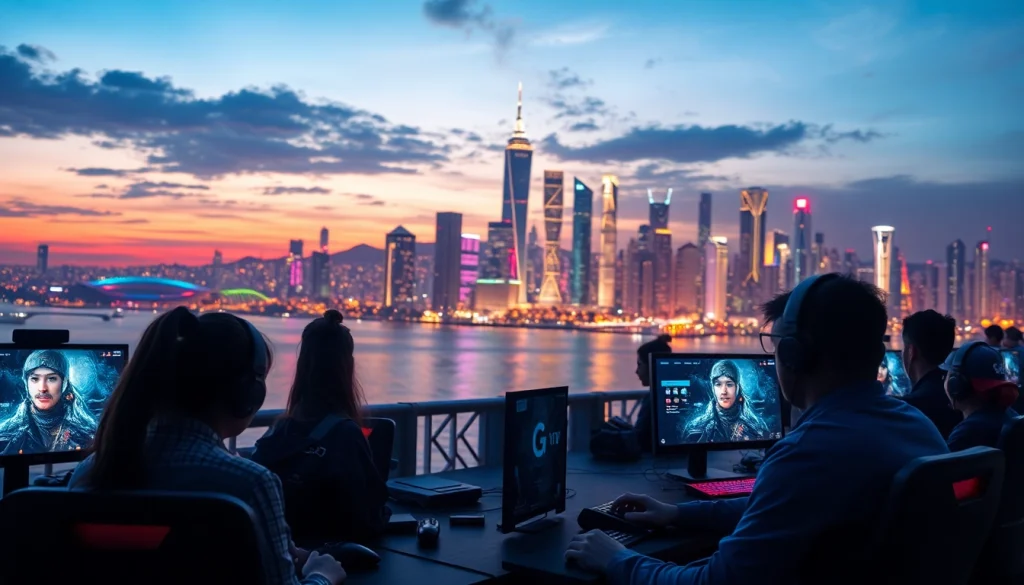 Engaging digital skyline featuring gamers at https://www.trilgameshproject.com, depicting vibrant neon lights and a futuristic atmosphere.