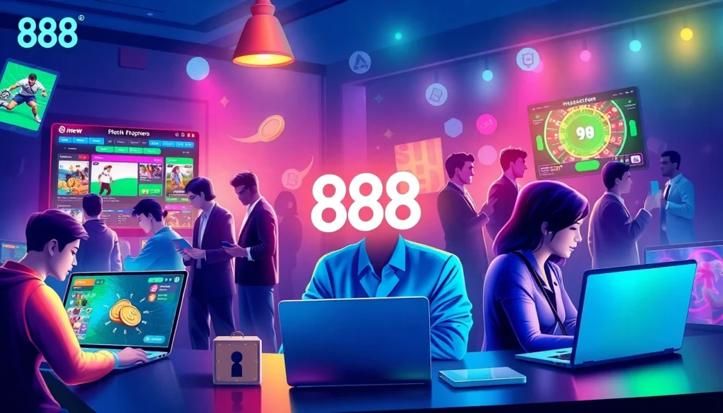 Engaging scene of users playing on 888new online gambling platform, showcasing vibrant games and secure transactions.