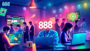 Engaging scene of users playing on 888new online gambling platform, showcasing vibrant games and secure transactions.