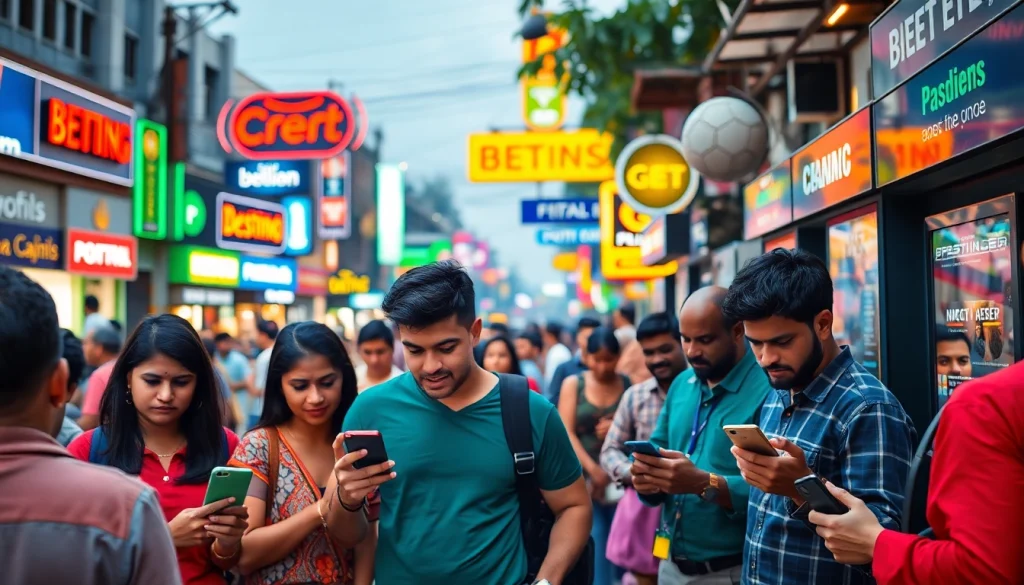 Engaging scene showing the best sports betting sites in India with friends checking bets in a vibrant city.
