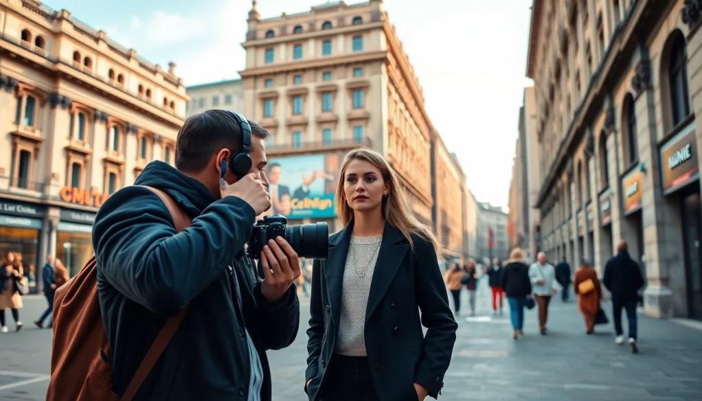 Fotografo Commerciale mentre scatta foto a un modello in una vibrante ambientazione di Milano.