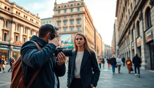 Fotografo Commerciale mentre scatta foto a un modello in una vibrante ambientazione di Milano.