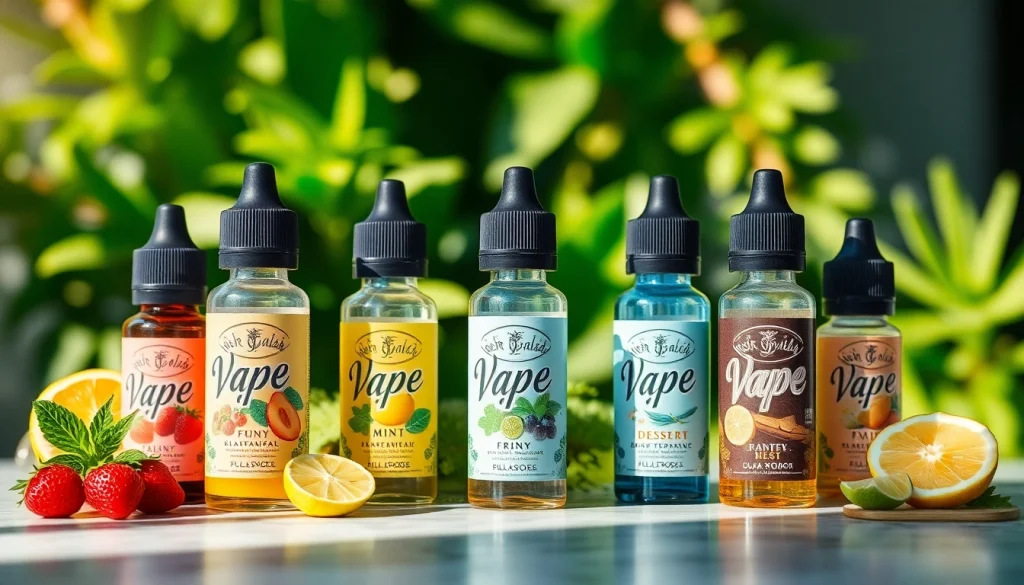 Verschiedene liquid Flaschen mit fruchtigen und cremigen Geschmäckern auf einem eleganten Marmortisch.