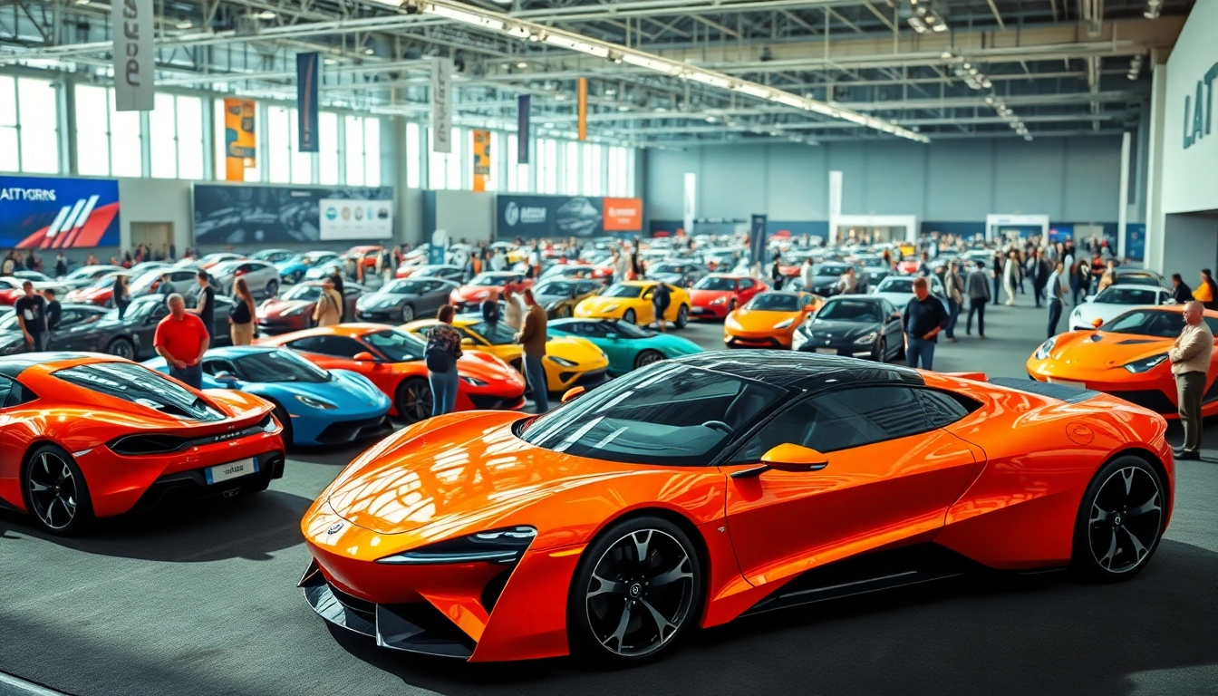Engaging scene at an Auto Cars Show featuring futuristic vehicles and enthusiastic attendees.