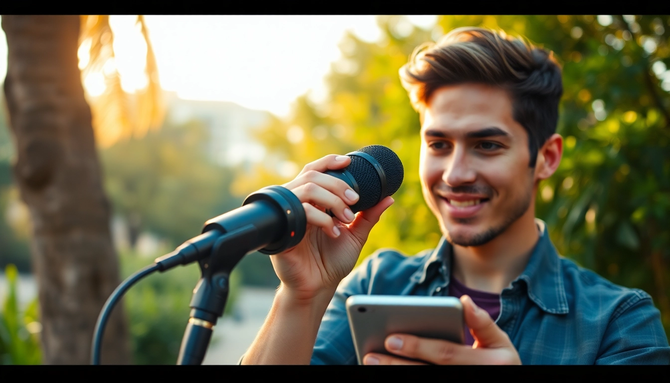 Recording with the MV88 microphone in a vibrant outdoor setting, showcasing its sleek design.