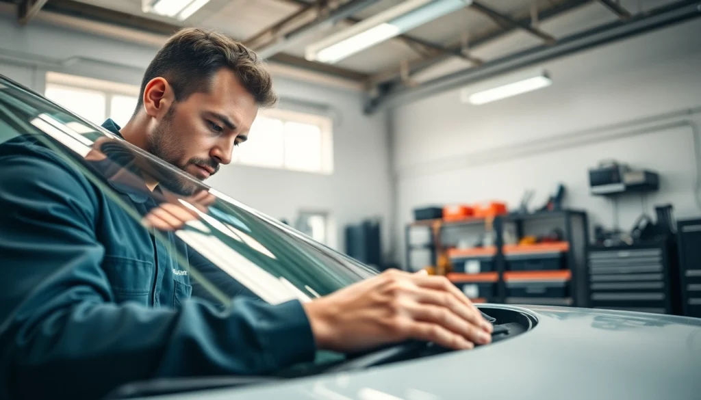 Witness a skilled technician performing Windshield Replacement with precision in a bright garage setting.
