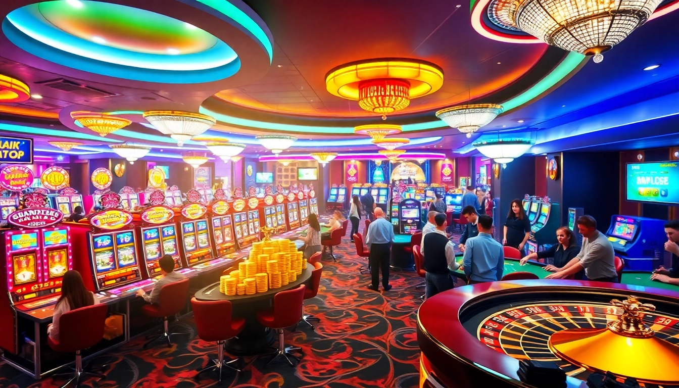 Experience the vibrant gambling world of KJC AC 1 with players enjoying casino tables and slot machines.