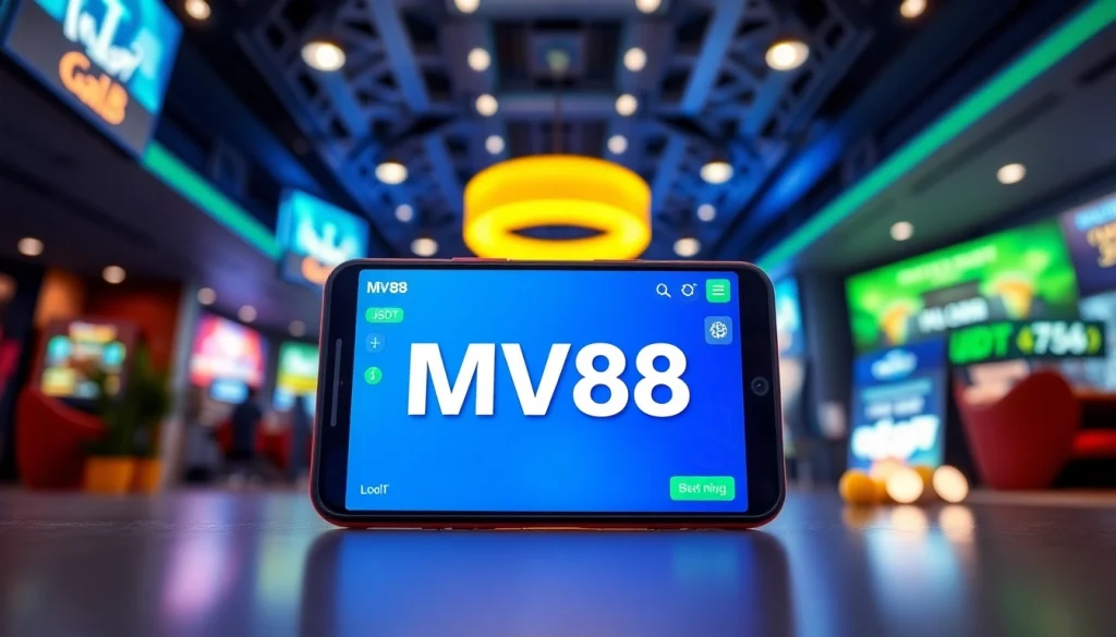 Engaging scene featuring MV88 online betting app interface in a sleek, modern gaming environment.
