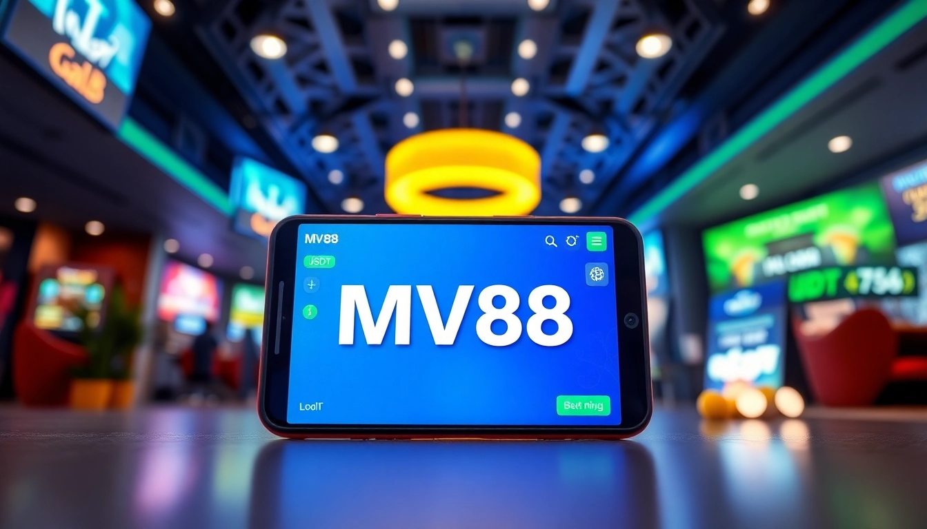 Engaging scene featuring MV88 online betting app interface in a sleek, modern gaming environment.
