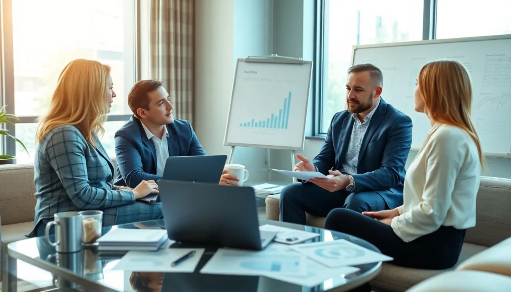 Clients engage with wealth management San Antonio advisor in a modern office setting.