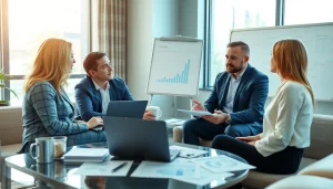 Clients engage with wealth management San Antonio advisor in a modern office setting.