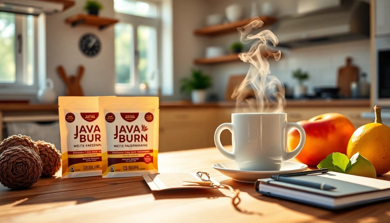 Engaging Java Burn packets displayed alongside fresh coffee and fruits for a healthy lifestyle.