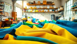 Canvas stoffen in een kleurrijke workshop met verschillende texturen.