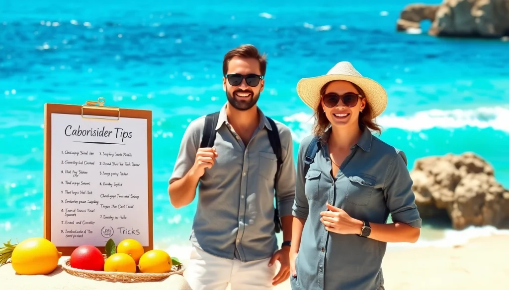 Share insider tips for Cabo with a travel guide on the beach, highlighting tips and tropical appeal.