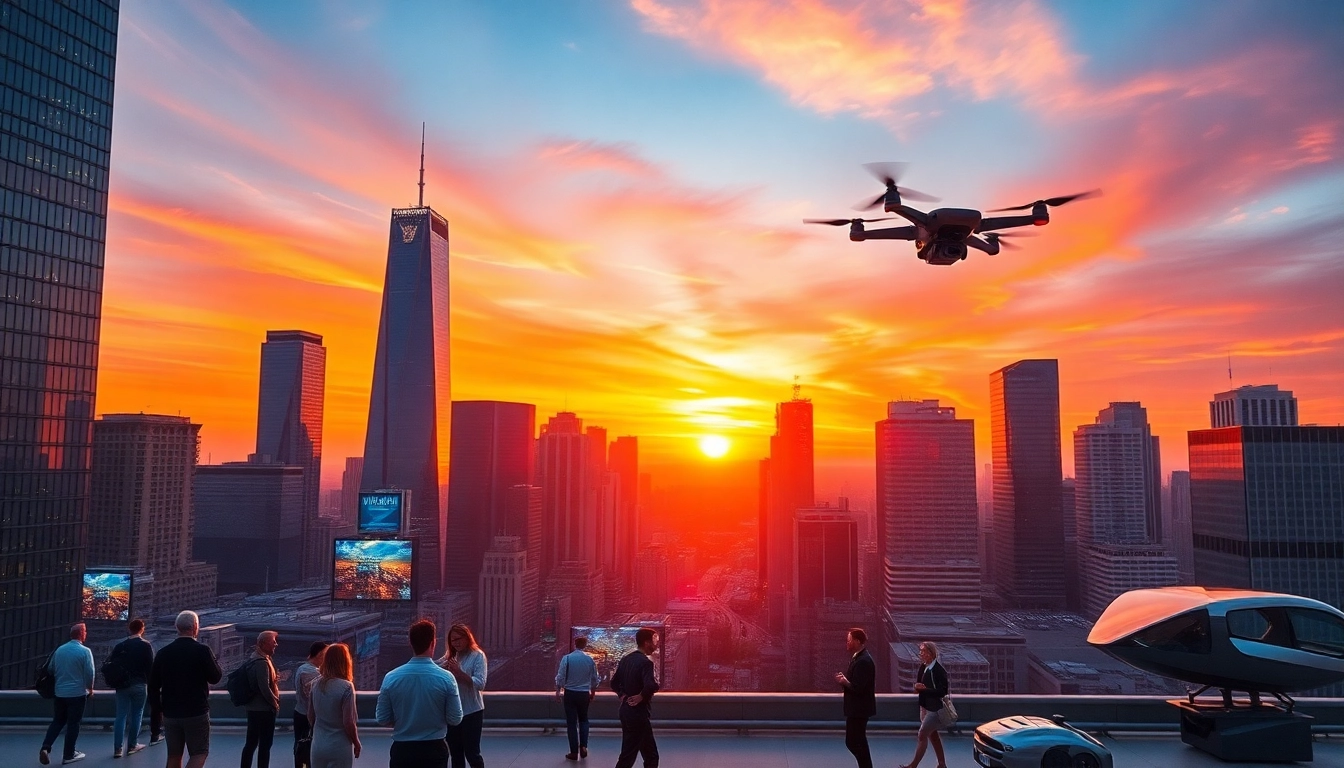 Showcasing diverse teams working at technology companies in a vibrant city setting.