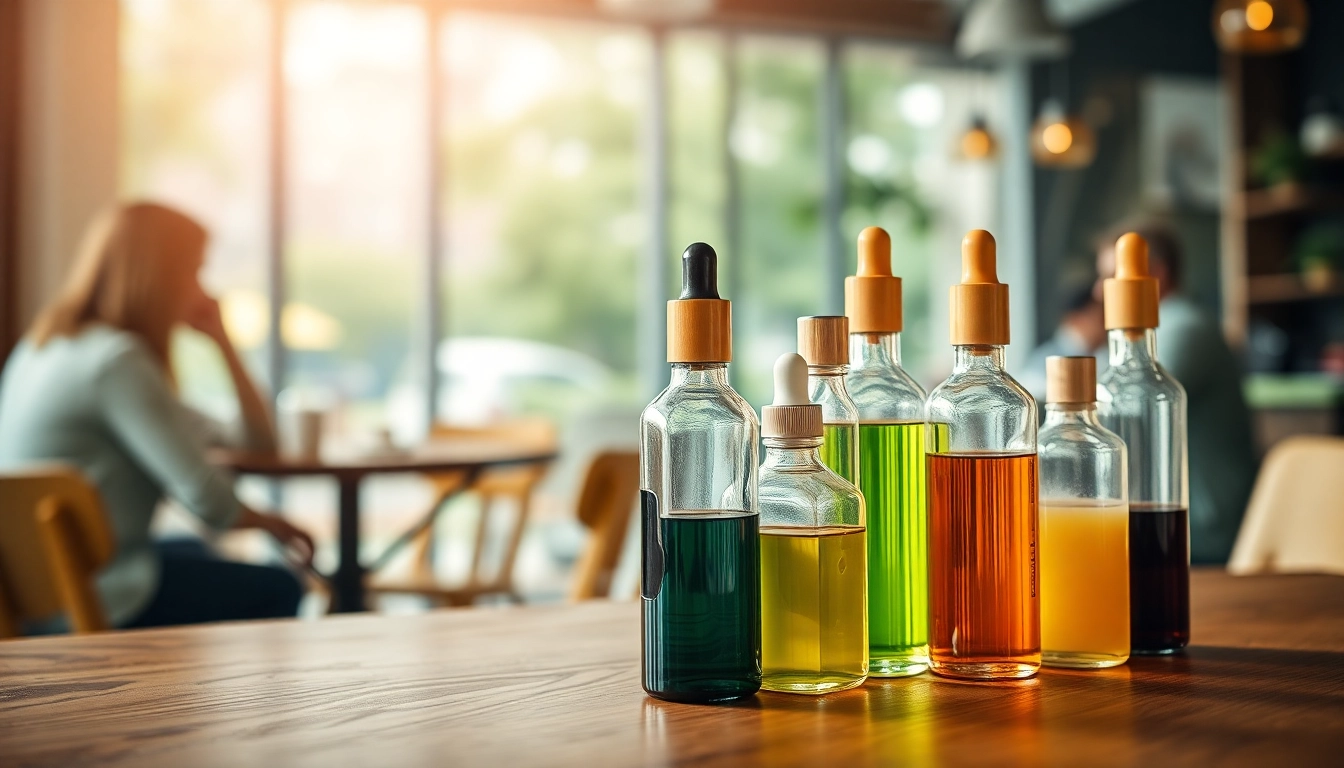 Vape ohne nikotin Produkte in einem modernen Café mit eleganten Glasflaschen.