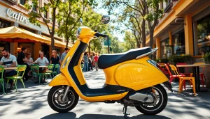 Roller 50ccm kaufen – Hochwertiger Roller in urbanem Café-Setting, ideal für junge Fahrer.