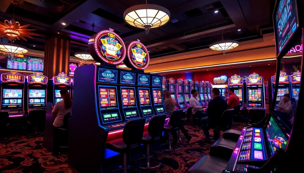 Menggambarkan slot mesin yang menarik perhatian dengan lampu cerah dan pemain yang terlibat.