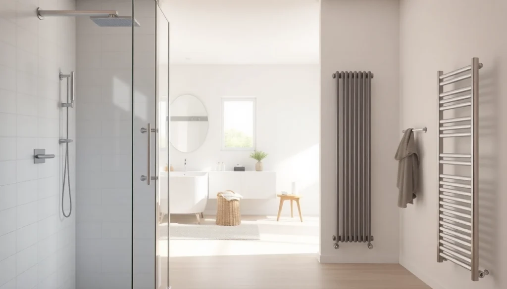 Präsentation von Sonni sanitär Duschkabinen und Heizkörpern in einem eleganten Badezimmer.