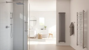 Präsentation von Sonni sanitär Duschkabinen und Heizkörpern in einem eleganten Badezimmer.