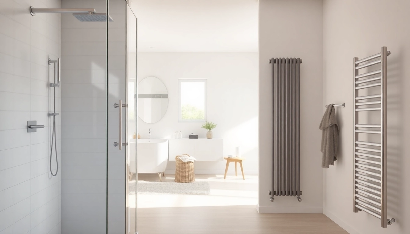 Präsentation von Sonni sanitär Duschkabinen und Heizkörpern in einem eleganten Badezimmer.