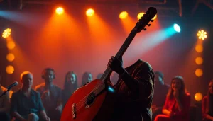 Experience the vibrant kora live performance with engaging musicians and a lively audience.